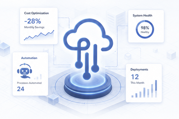 Cloud automation dashboard illustration showing cost optimization, system health, automation and deployments